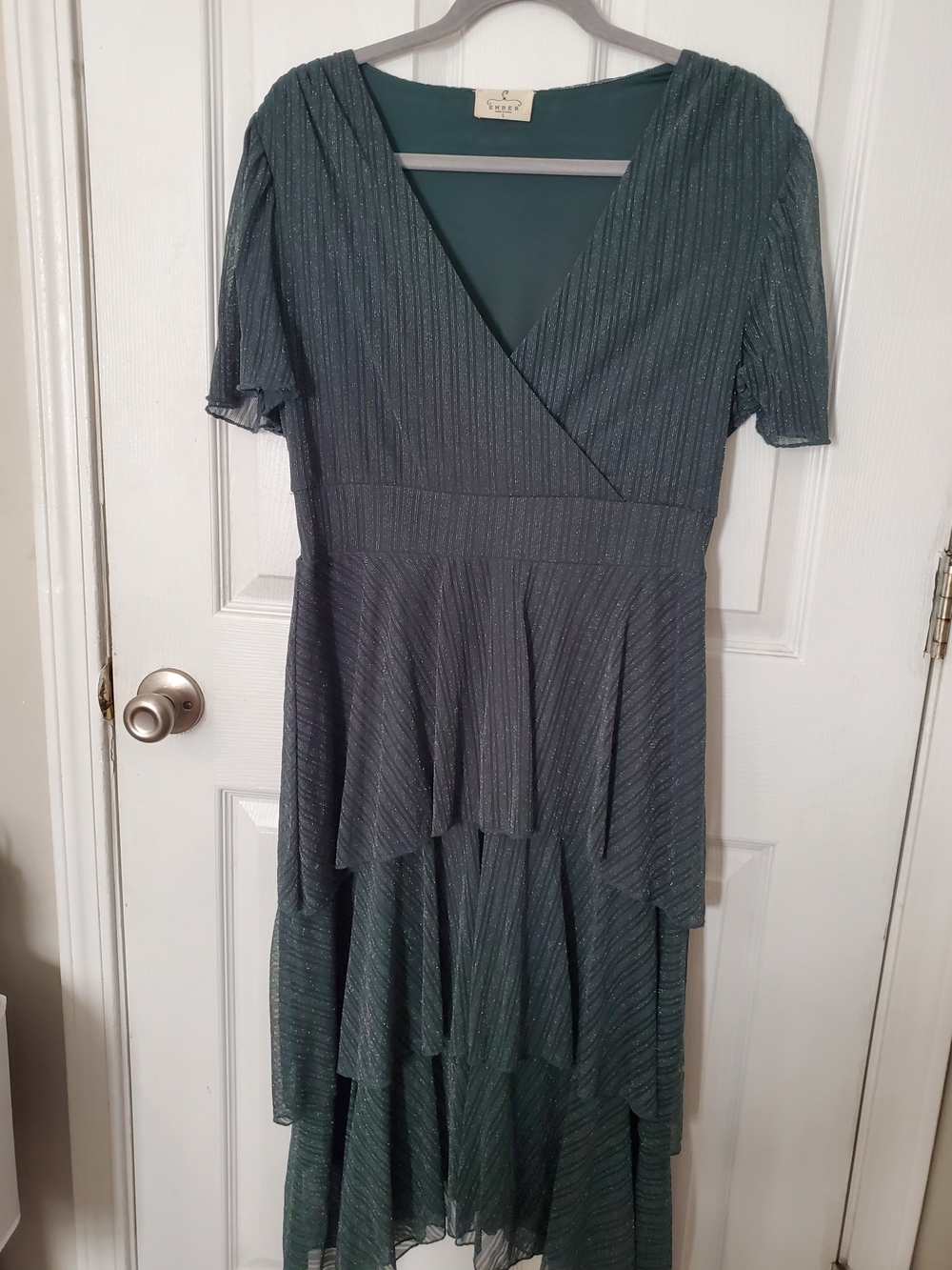 Green Metallic High-Low V-Neck Dress